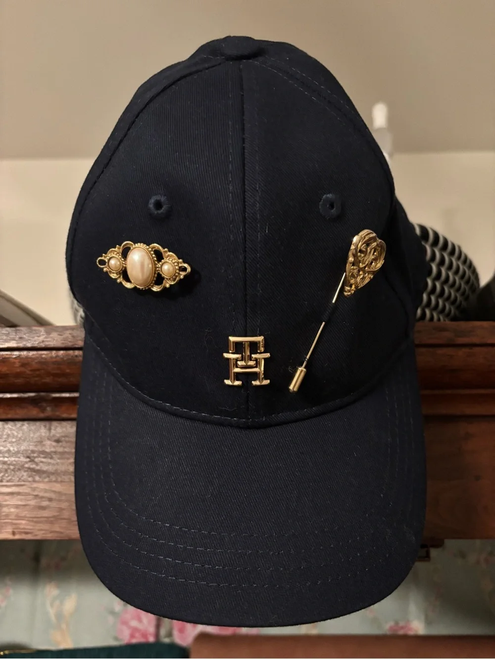 Navy Baseball Hat with Gold Pins
